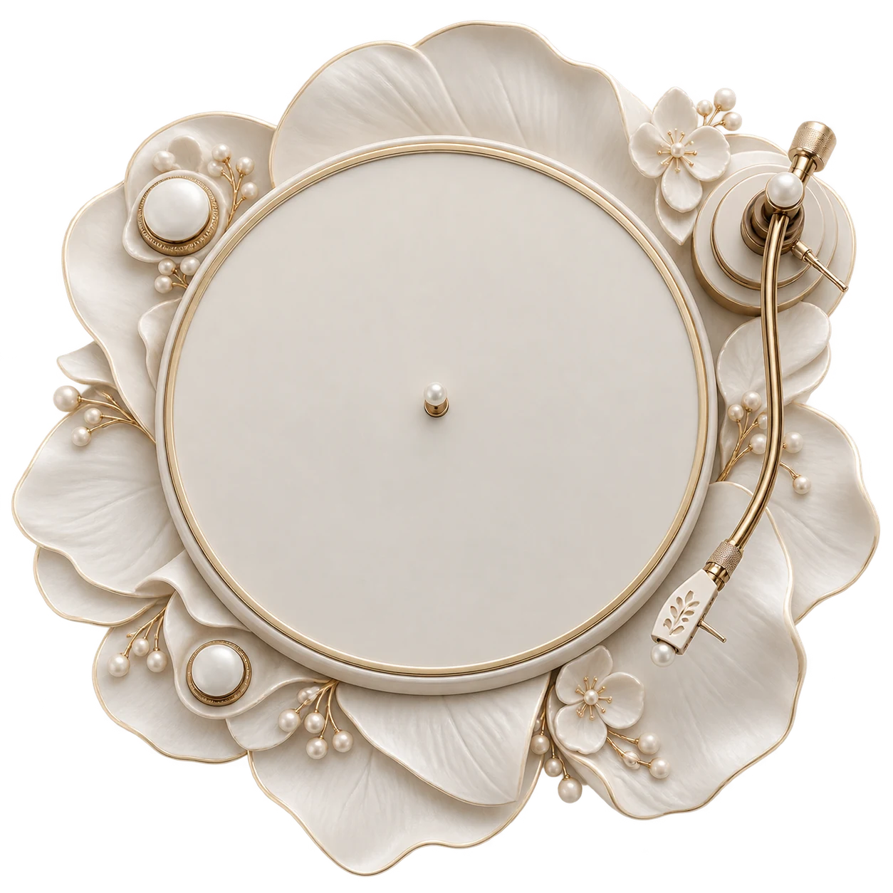 Tocadiscos de porcelana y pétalos blancos