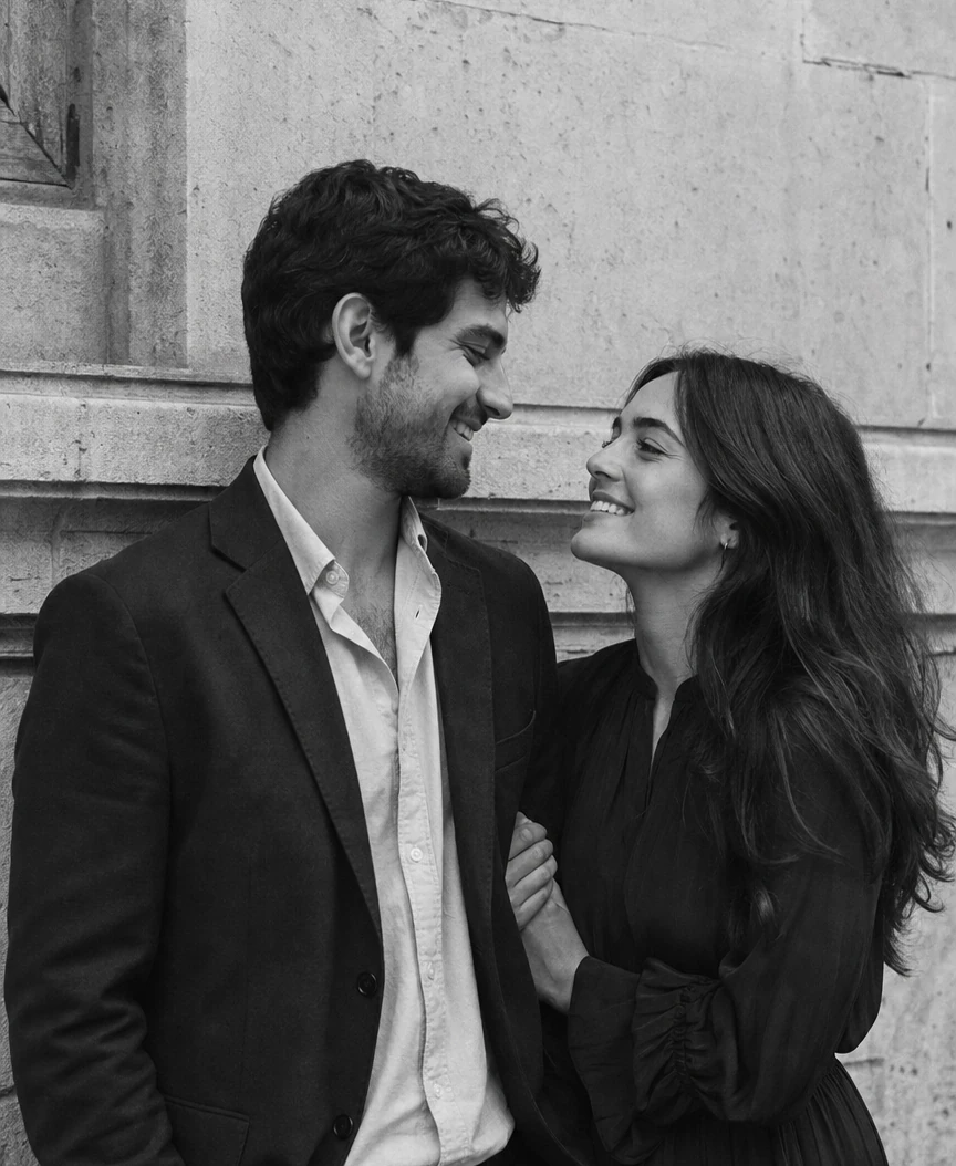 Sofía y Daniel sonríen juntos con ropa elegante de calle